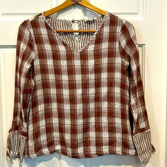 Crescent double gauze, brown and white plaid with striped trim blouse small - Picture 2 of 9